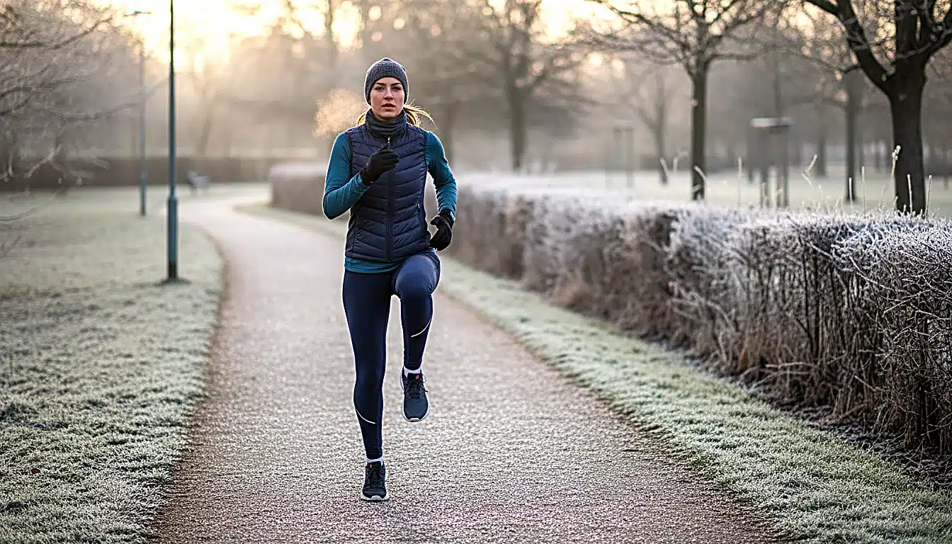 Coureur en échauffement dynamique avec haute knees par temps froid