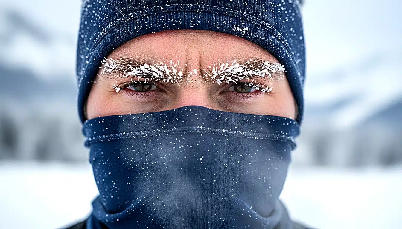 Coureur respirant à travers un buff cache-nez pour réchauffer l&rsquo;air