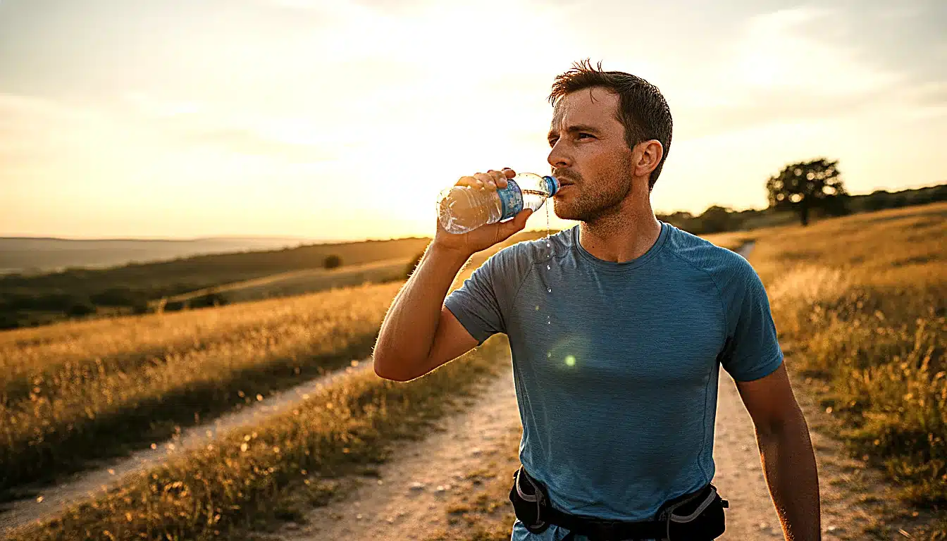 Coureur buvant à une ceinture d&rsquo;hydratation pendant course estivale