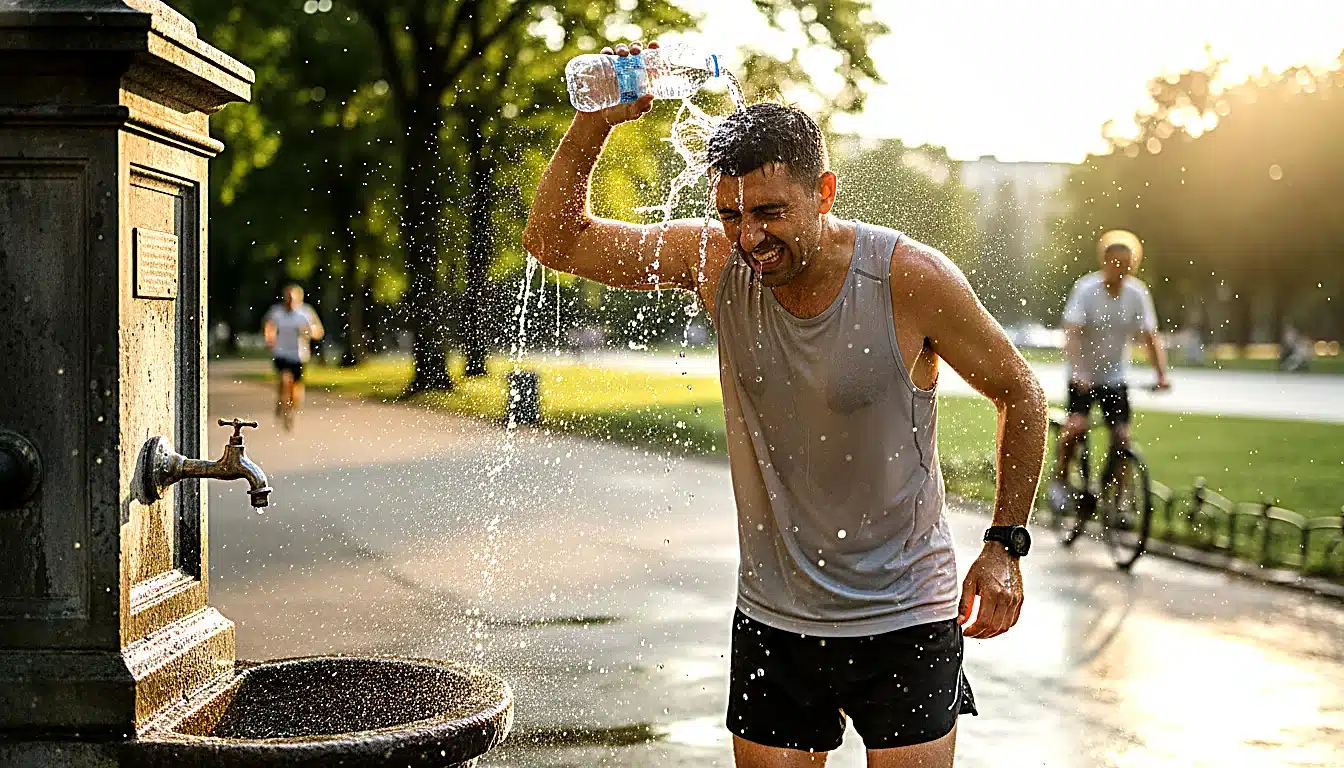 Coureur se rafraîchissant à une fontaine pendant course estivale