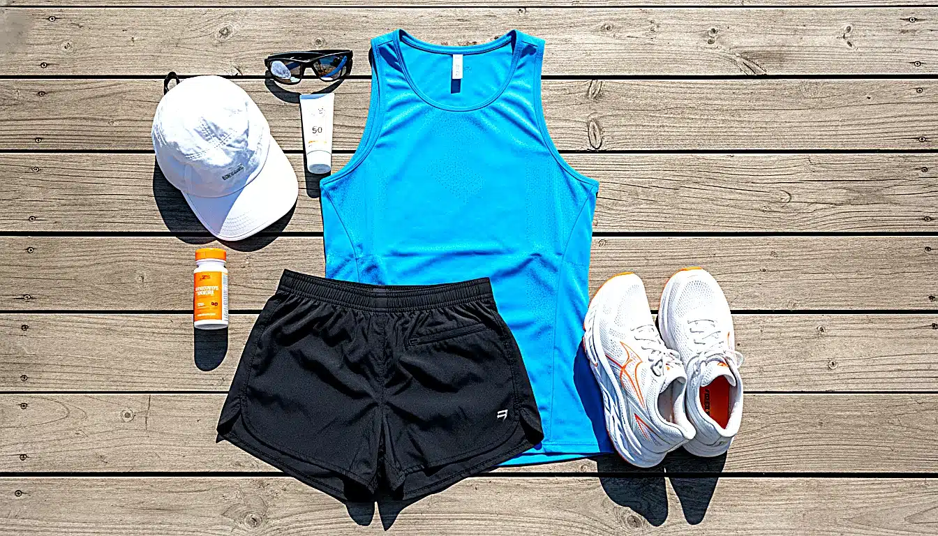 Tenue d&rsquo;été complète running : maillot léger, short, casquette, lunettes