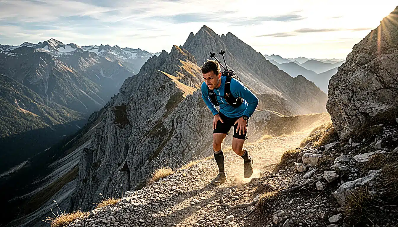 Coureur en pleine ascension de sentier de montagne avec dénivelé important