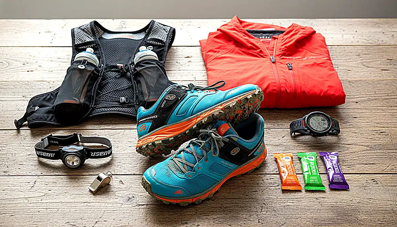 Équipement complet trail running : chaussures grip, sac hydratation, GPS