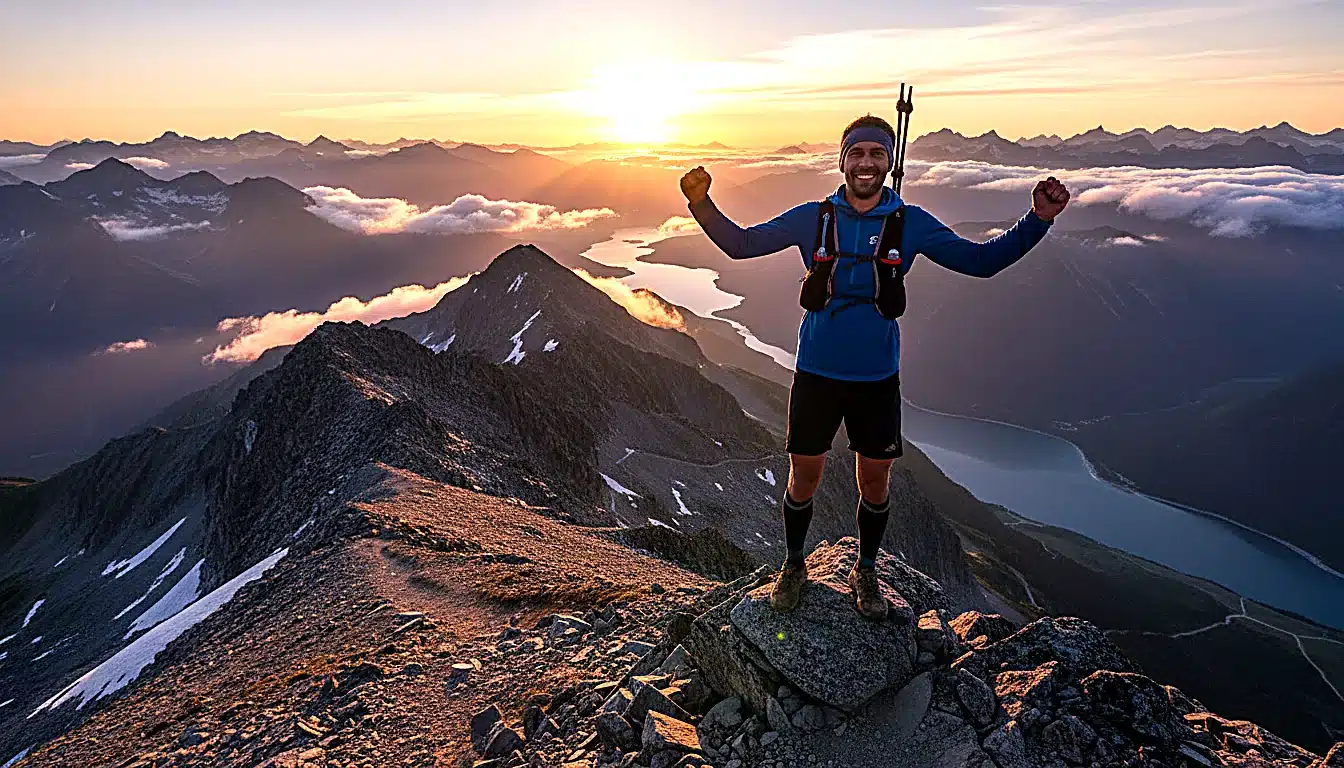 Trail runner triomphant au sommet d’une montagne avec vue panoramique
