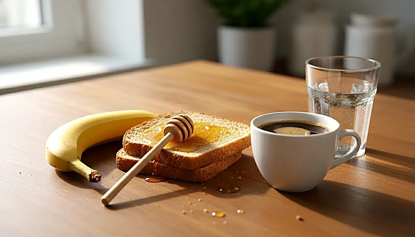 Petit-déjeuner équilibré avec banane, miel, café pré-running