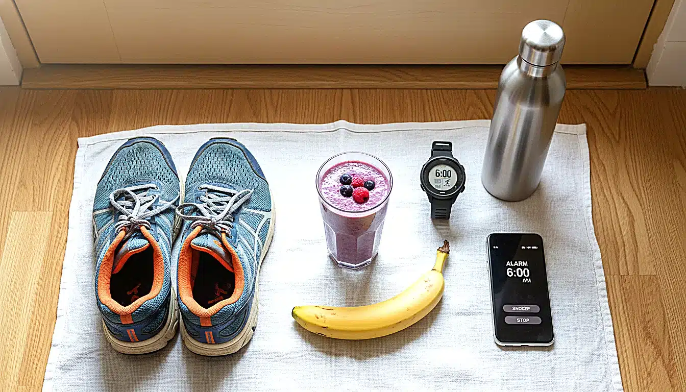 Routine matinale complète avec chaussures et matériel running prêts
