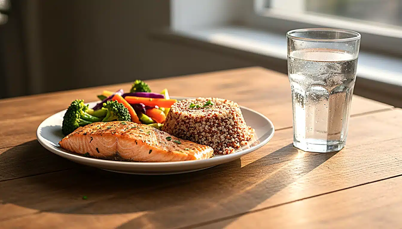 Dîner équilibré post-course avec poisson, quinoa et légumes