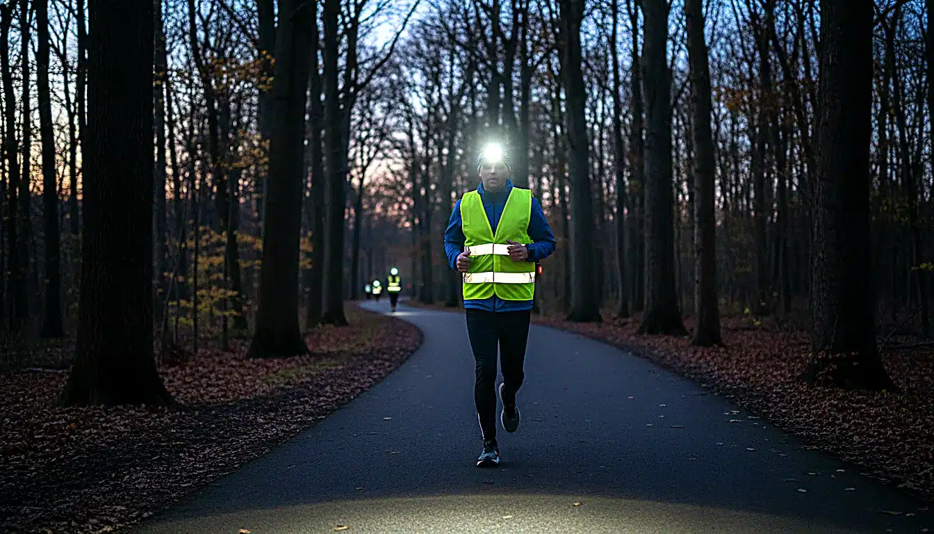 Coureur en gilet réfléchissant avec lampe frontale sur sentier en soirée