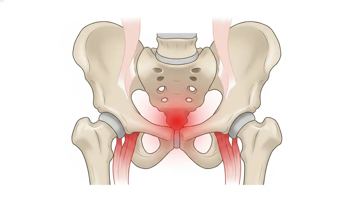 Anatomie de la pubalgie : symphyse pubienne et insertion des adducteurs enflammés