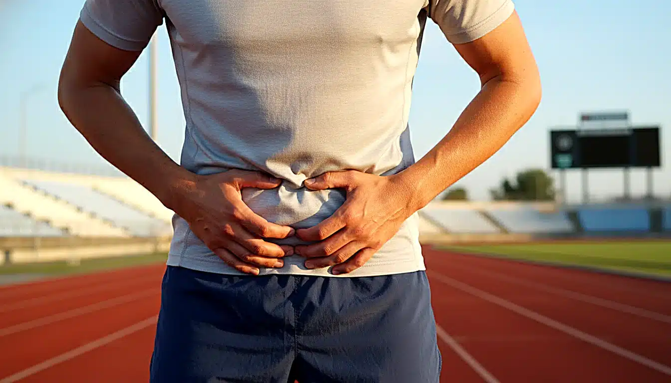 Coureur souffrant d une pubalgie main sur le pubis