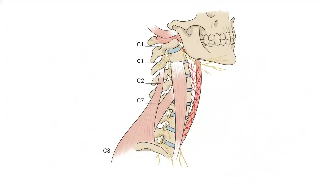 Anatomie cervicale d’un torticolis : muscles trapèze et sterno-cleido-mastoidien contractés