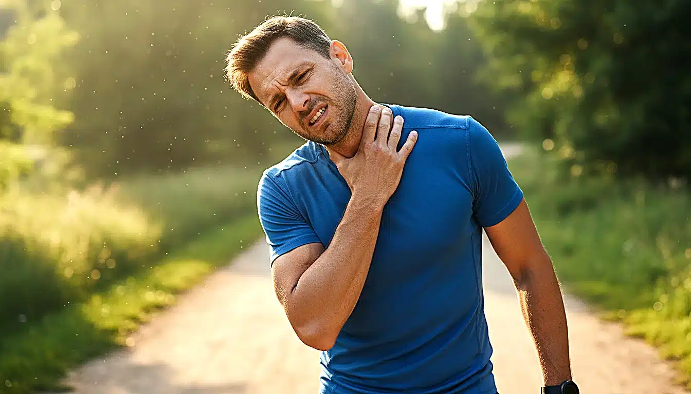 Coureur souffrant d un torticolis main sur la nuque