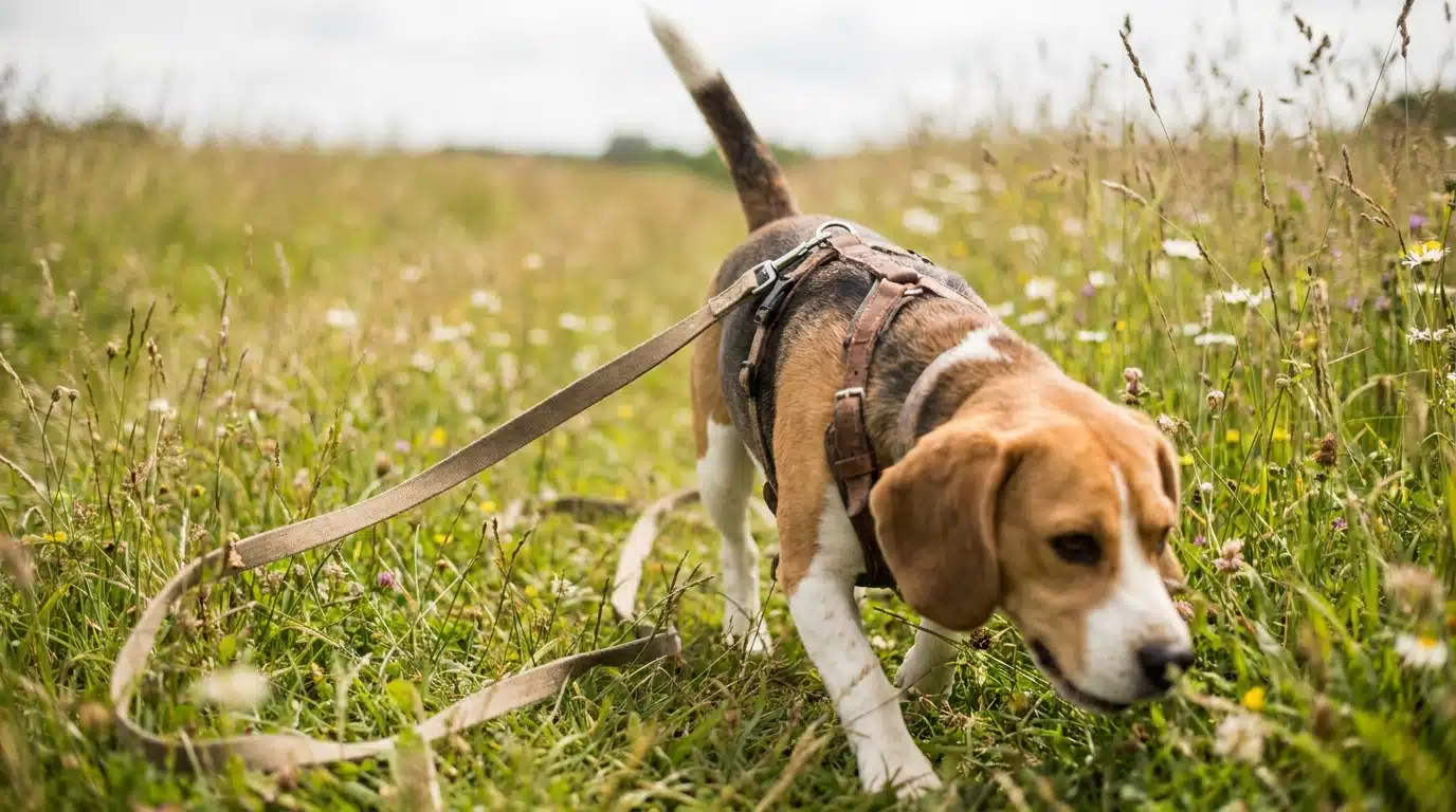 Un beagle en longe qui court en pistant