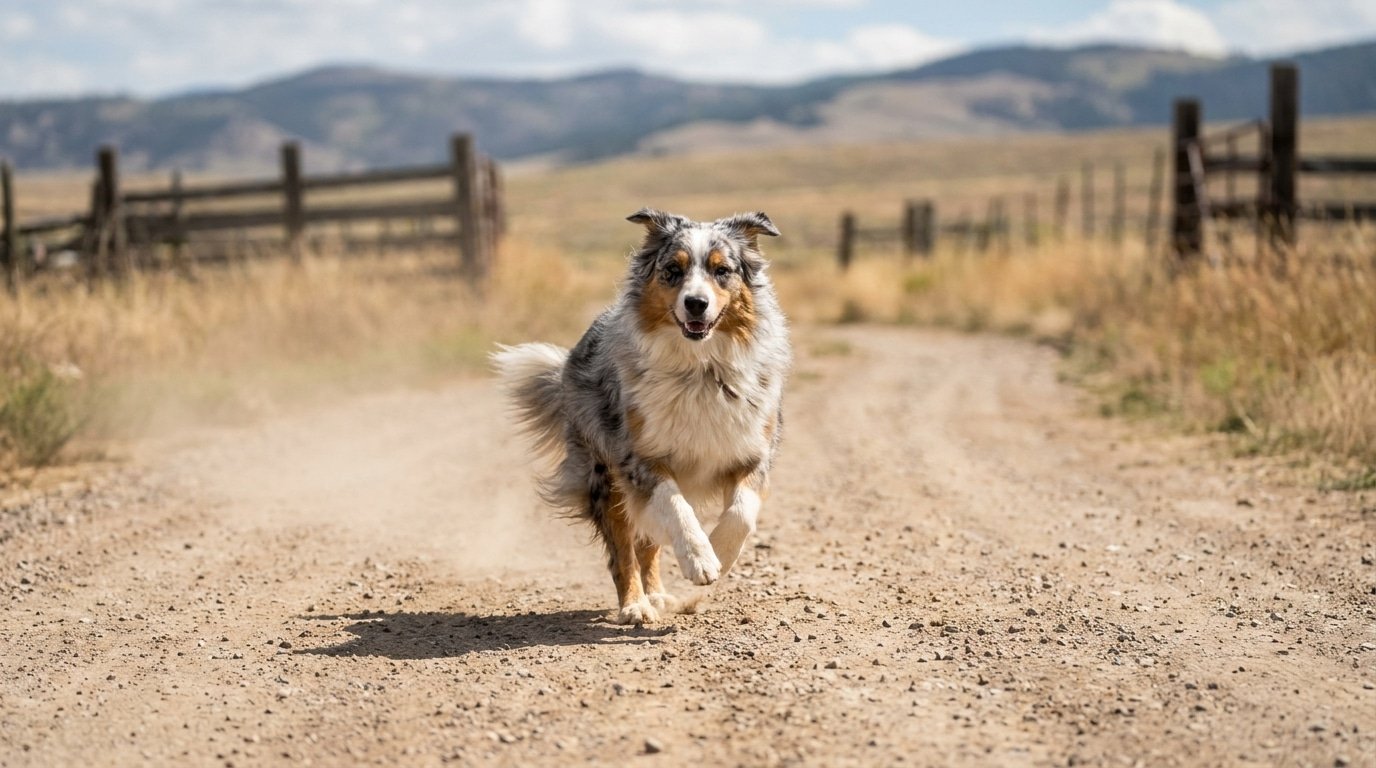Un berger australien qui court sur un chemin