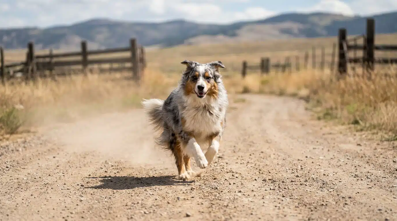 Un berger australien qui court sur un chemin
