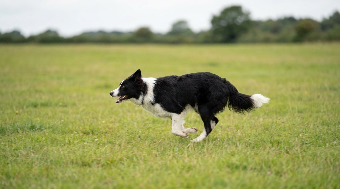 Un border collie qui sprinte dans un champ