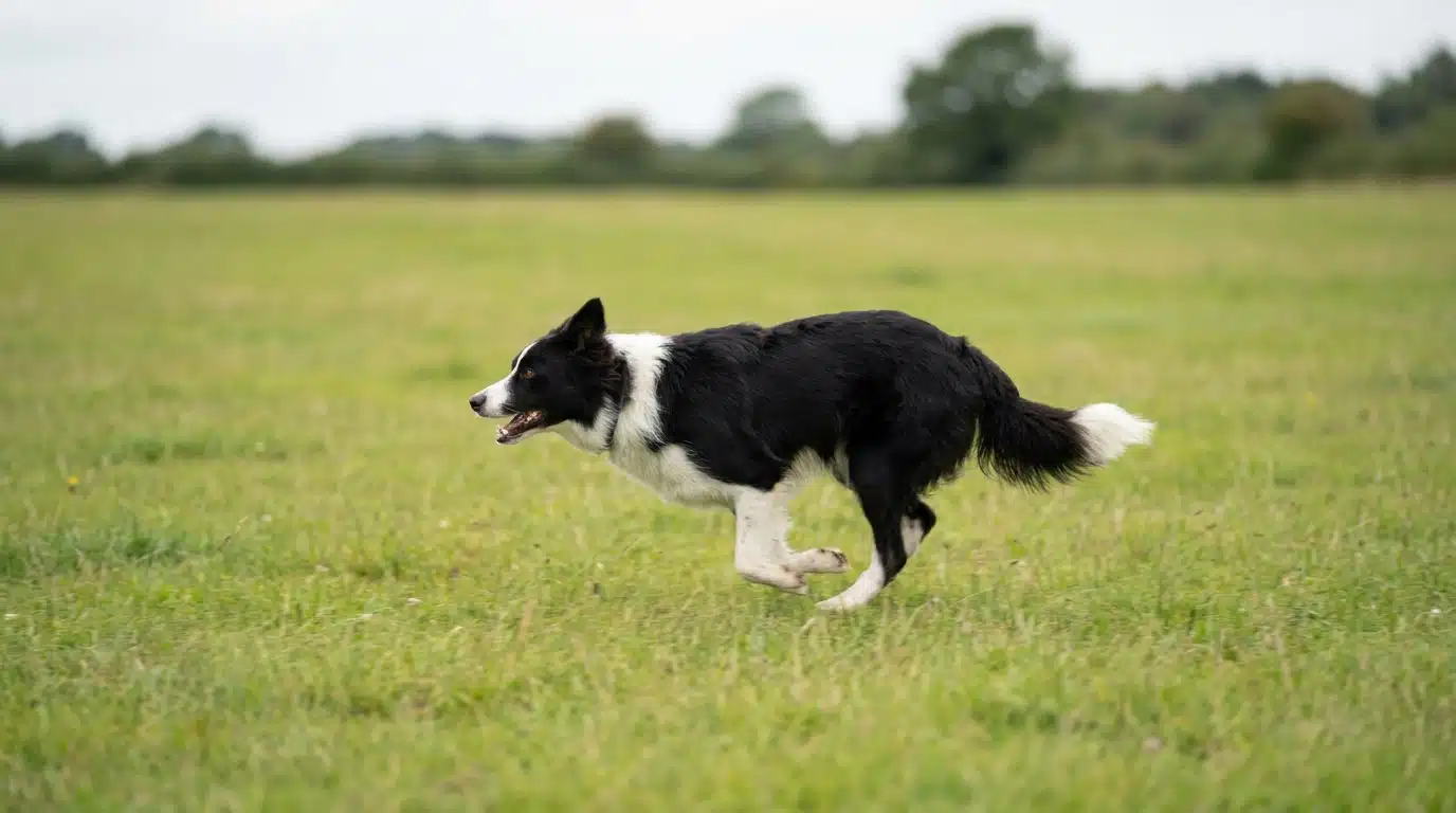 Un border collie qui sprinte dans un champ