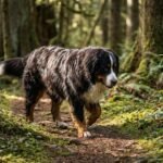 Un bouvier bernois qui marche au frais en forêt