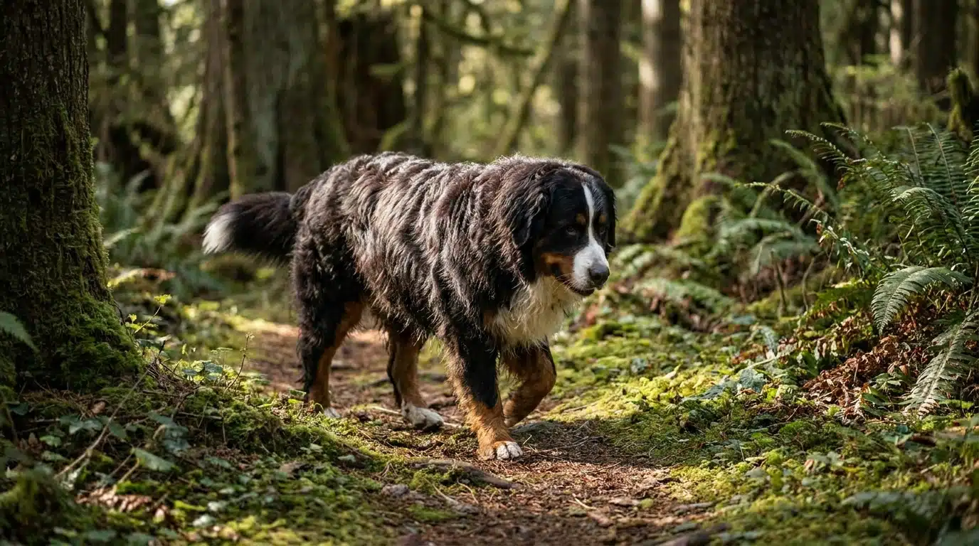 Un bouvier bernois qui marche au frais en forêt