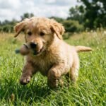 Un chiot qui joue librement dans l'herbe