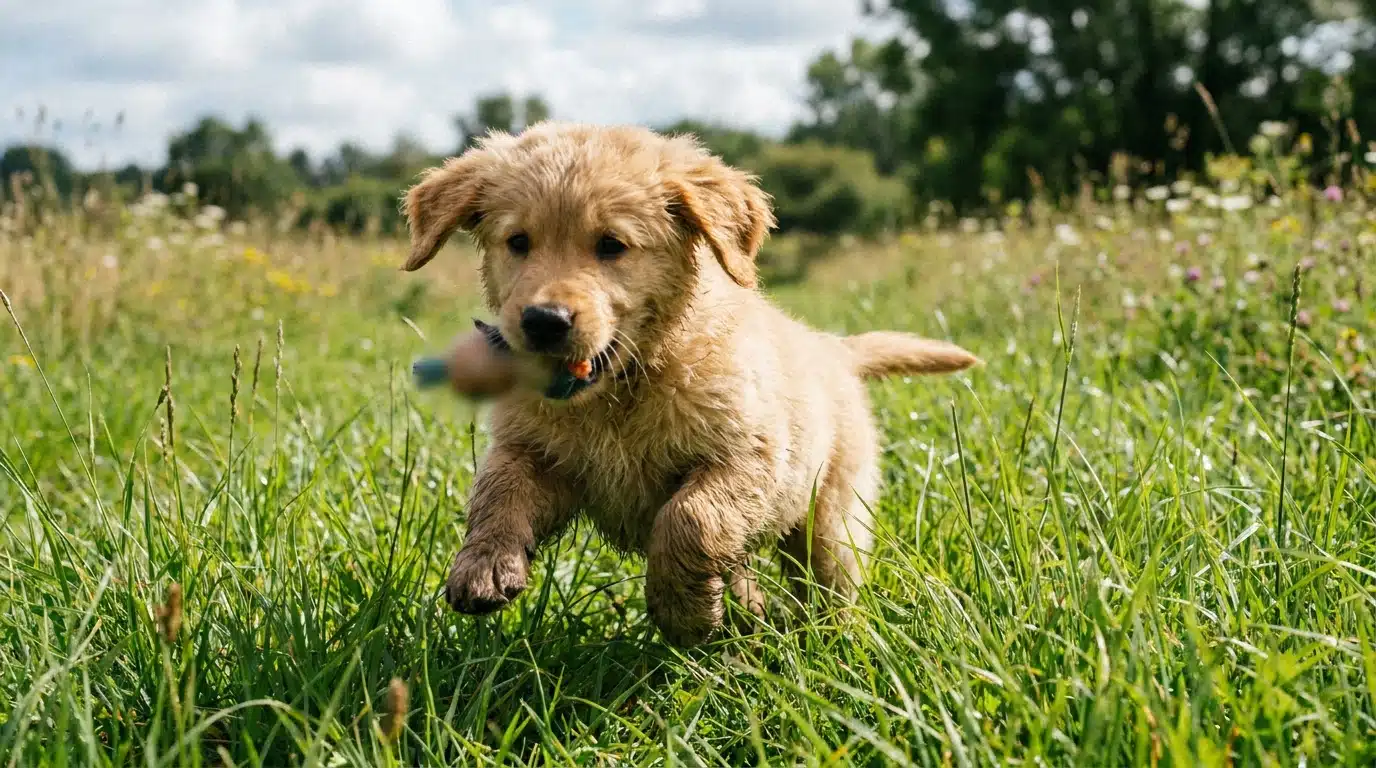 Un chiot qui joue librement dans l'herbe