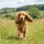 Un cocker spaniel qui court dans un pré