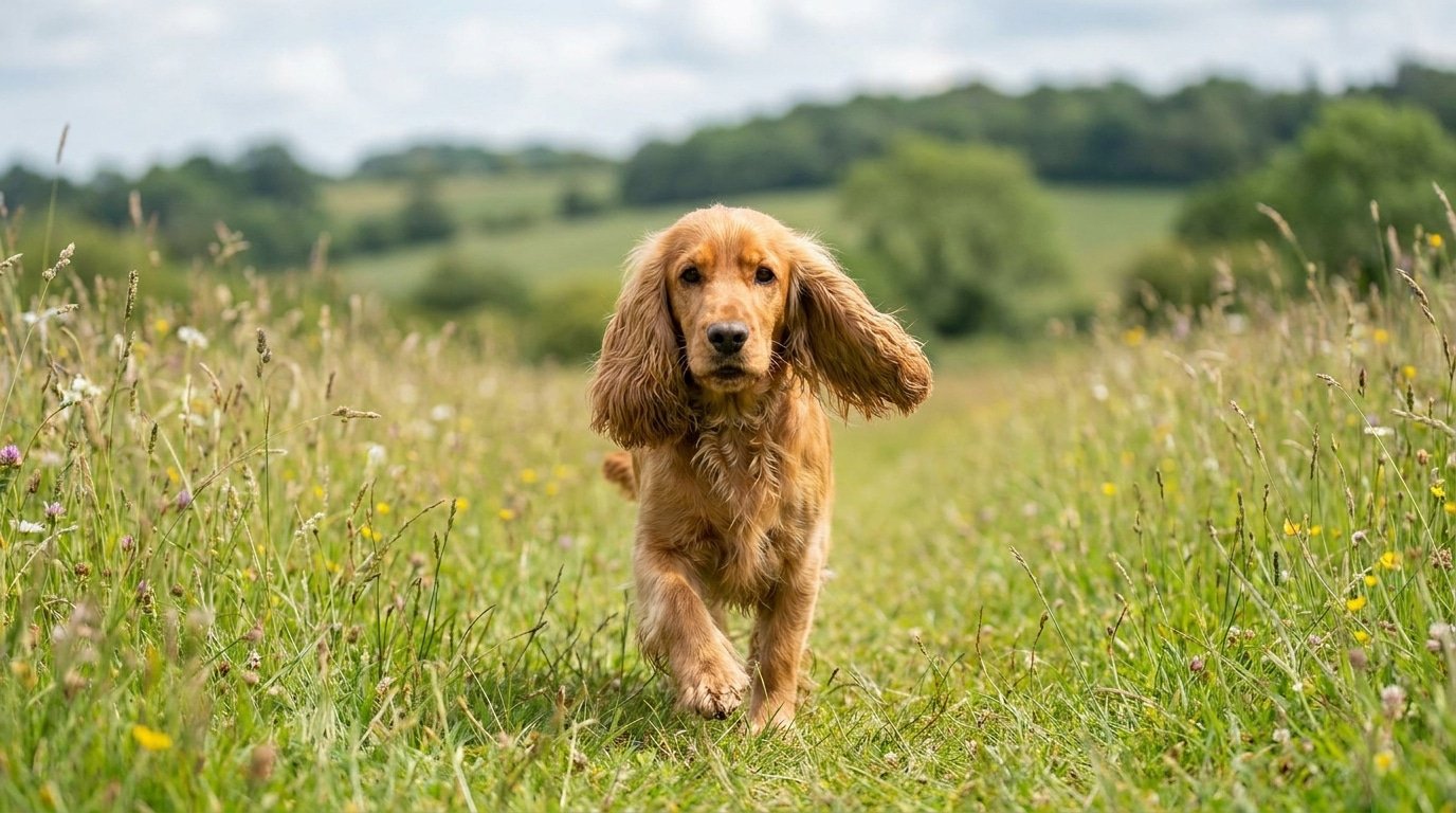 Un cocker spaniel qui court dans un pré