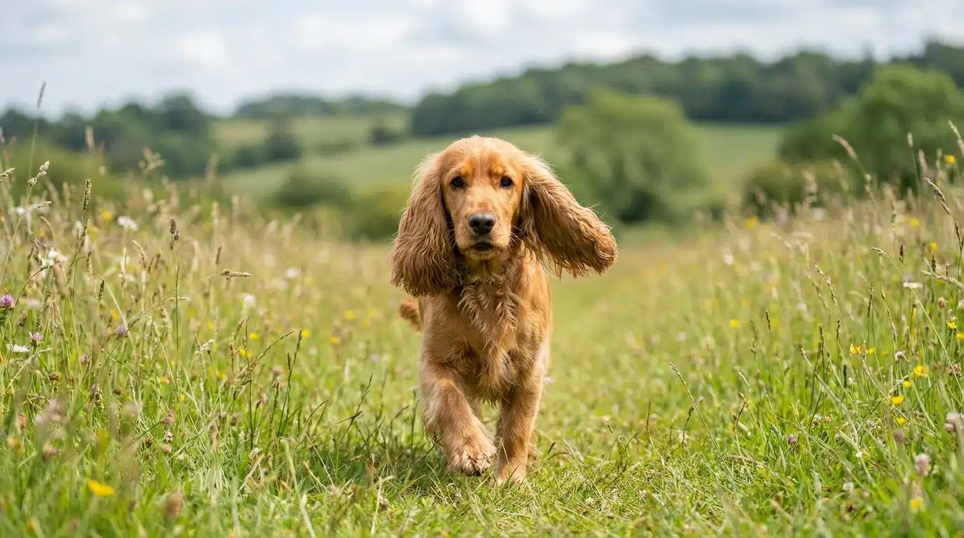 Un cocker spaniel qui court dans un pré