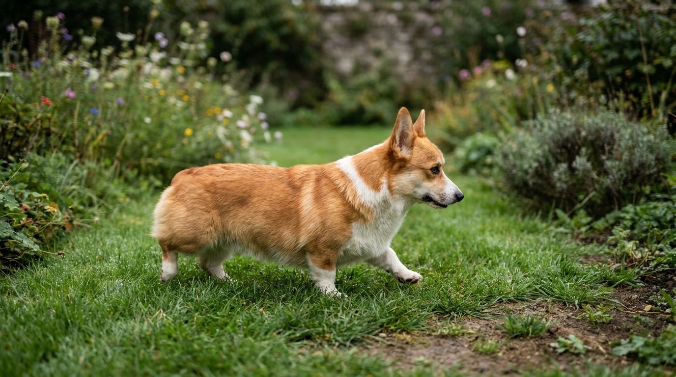 Un corgi qui trotte sur une pelouse