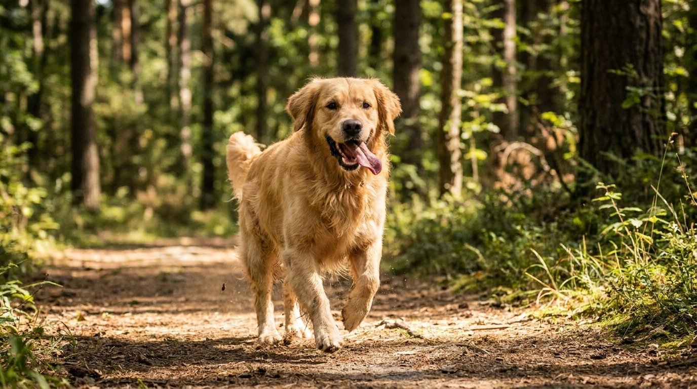 Un golden retriever qui court sur un sentier