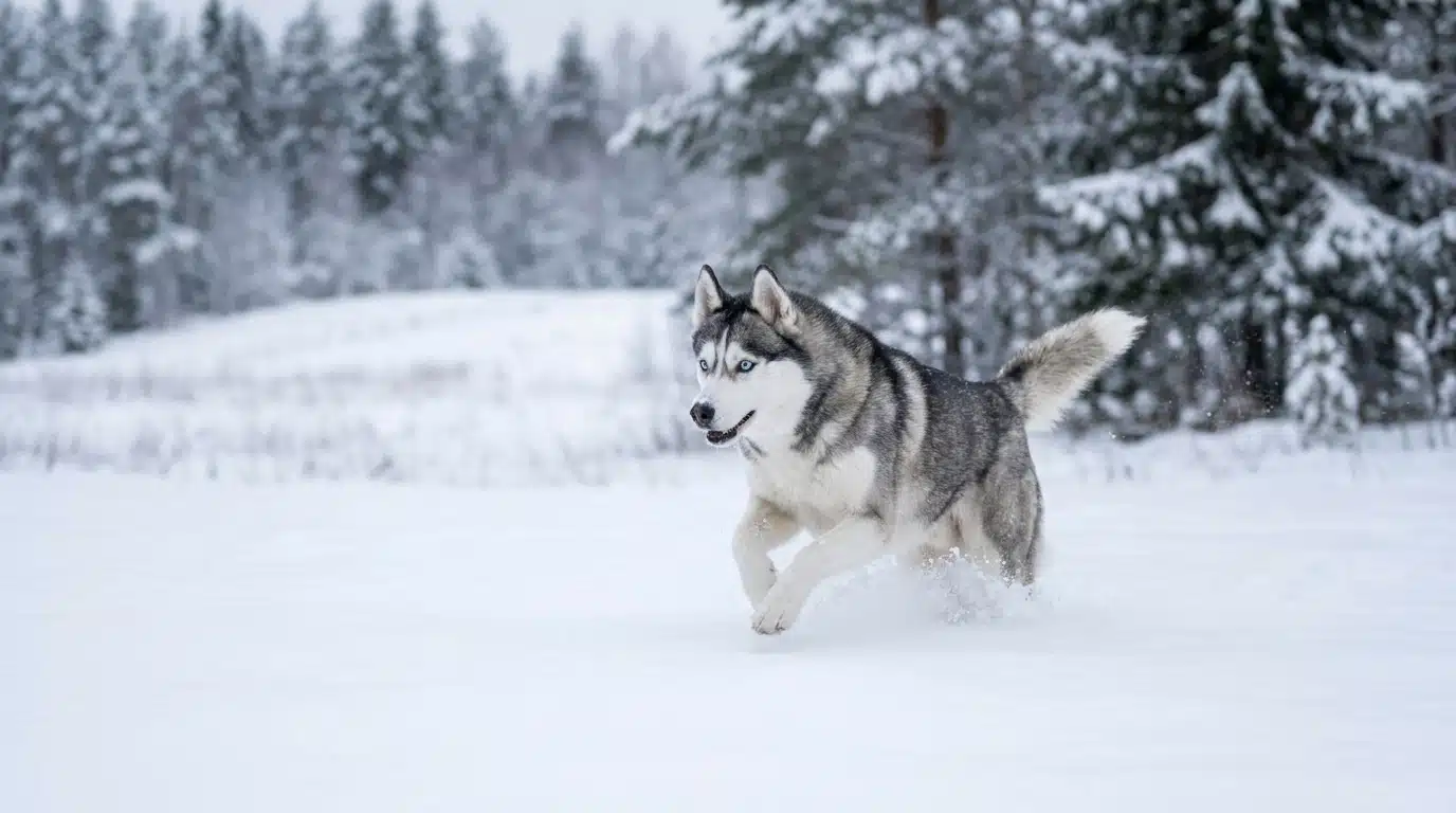 Un husky qui court dans la neige