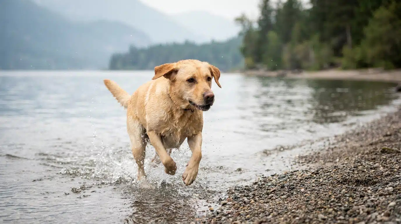 Un labrador qui court au bord de l'eau