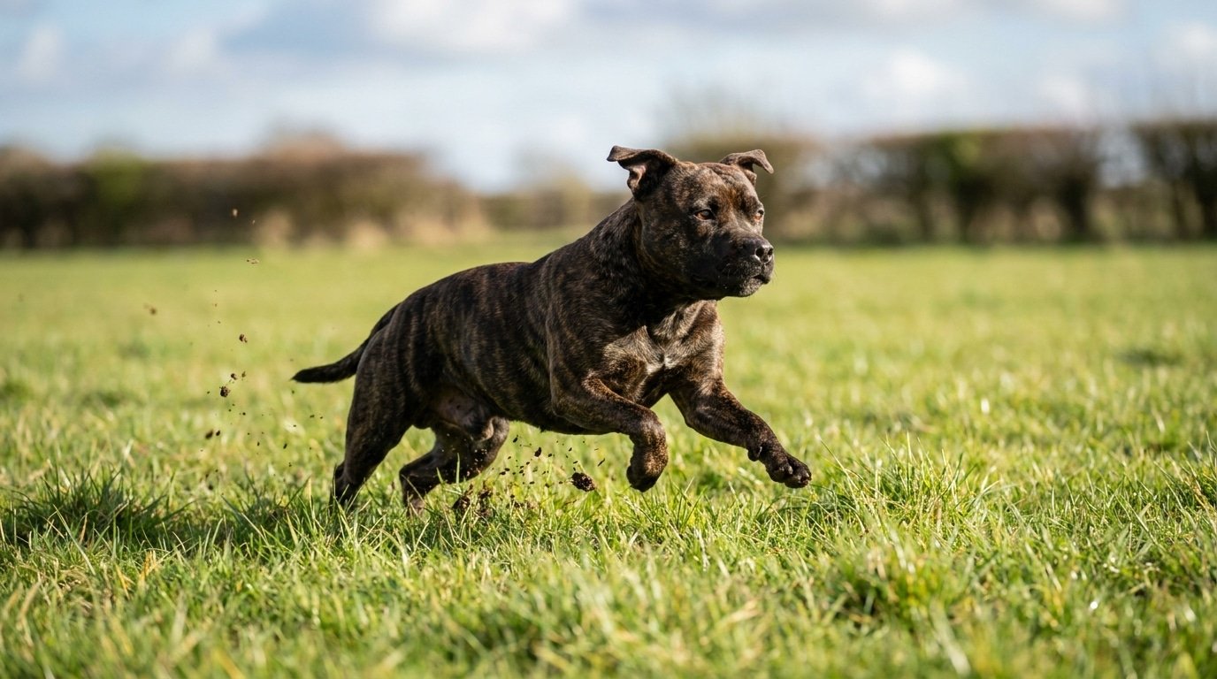 Un staffie qui sprinte sur l'herbe