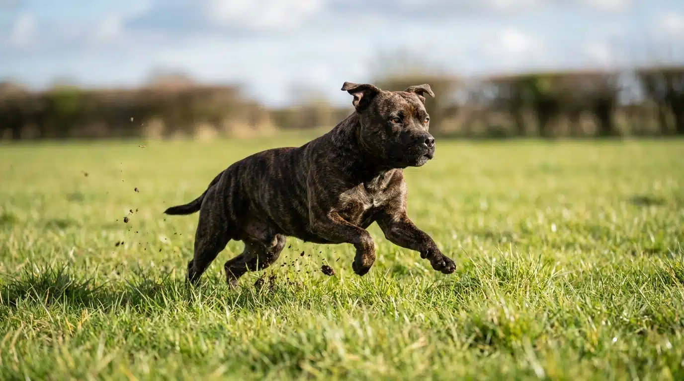 Un staffie qui sprinte sur l'herbe