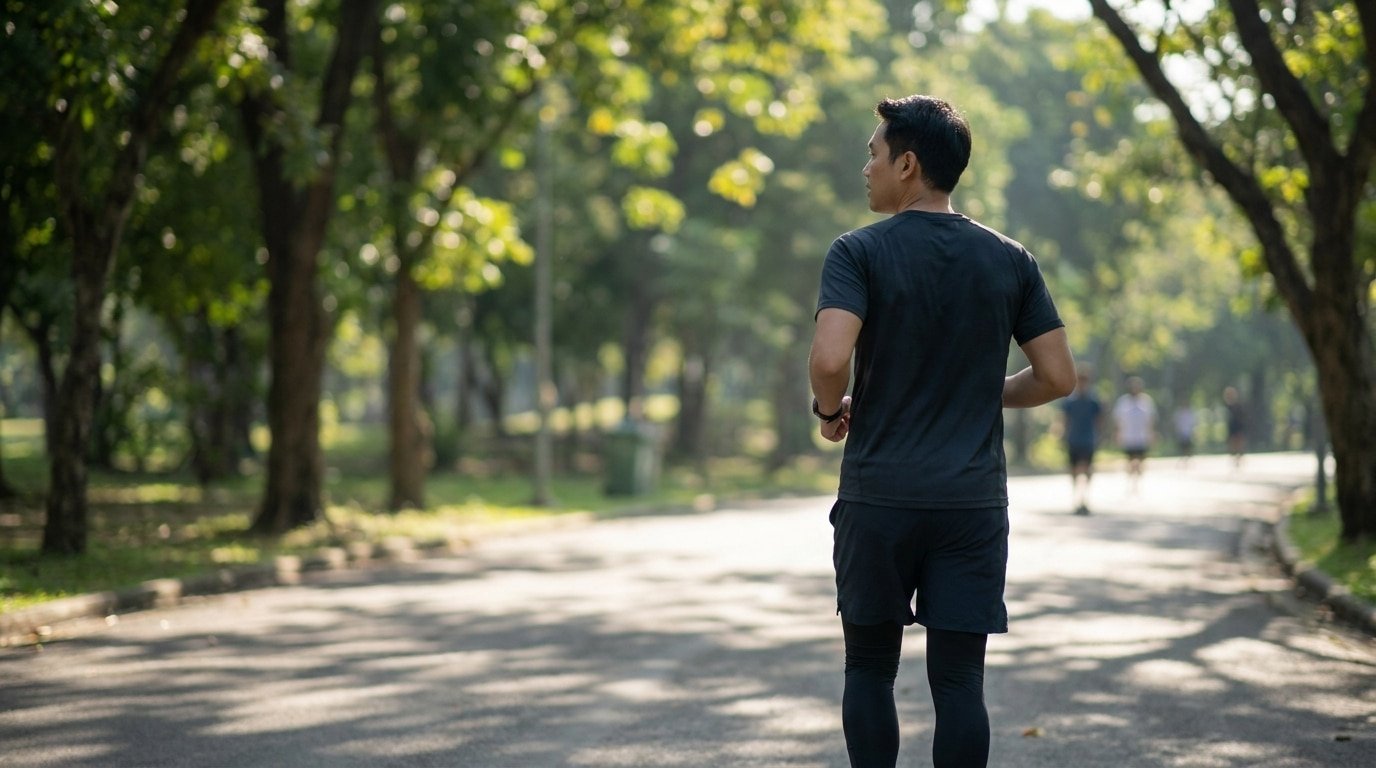 Coureur courant à allure douce sur un chemin plat de parc
