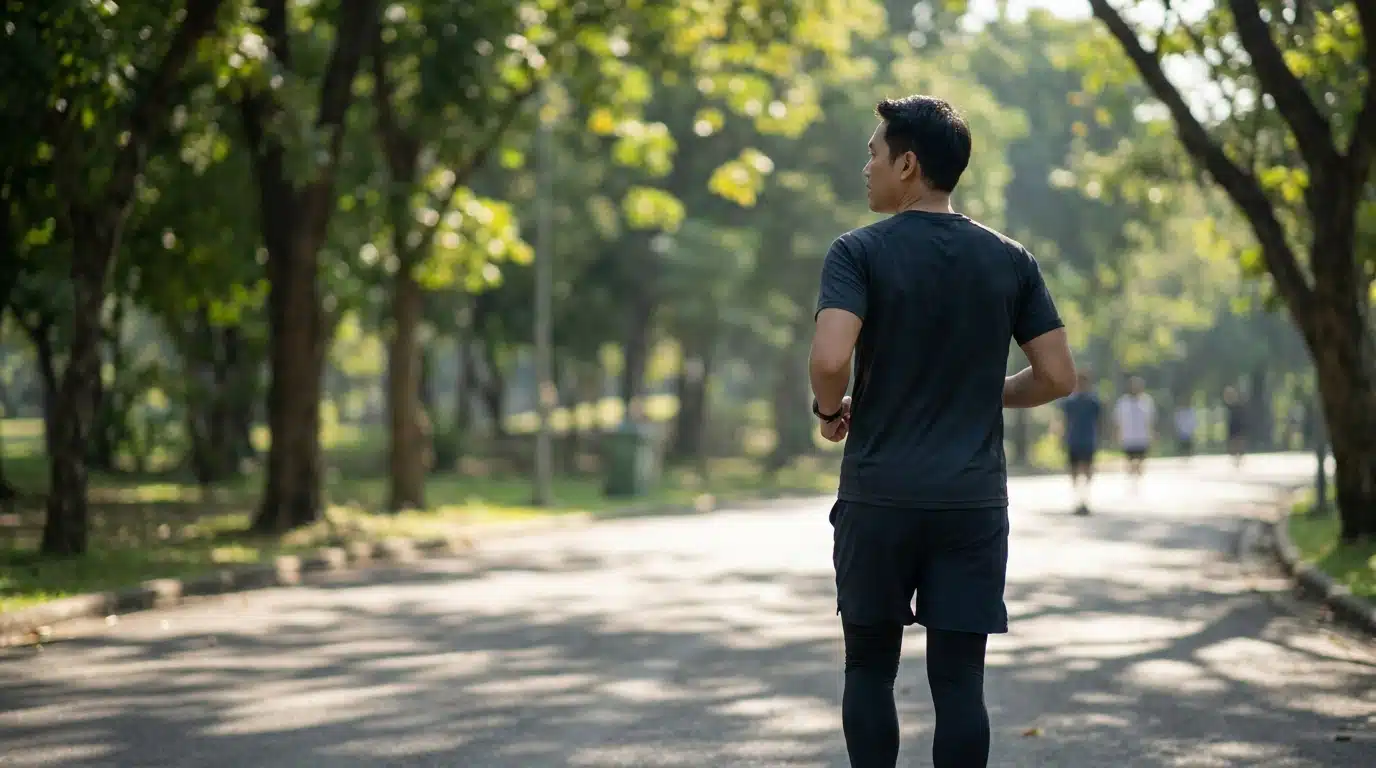 Coureur courant à allure douce sur un chemin plat de parc